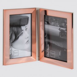 Double photo frame, copper color, beige leather back