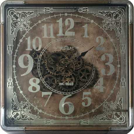 Square clock with gears under glass
