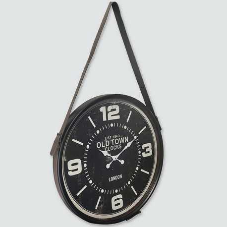 Black hanging clock with leather strap