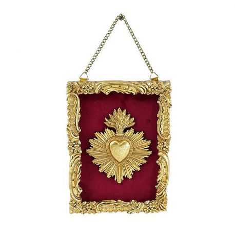 Deco frame Ex-voto heart flames golden color on red background
