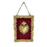 Decorative frame Ex-voto heart flames golden color on red background with chain