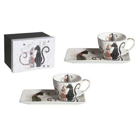 Ensemble 2 tasses à café avec sous-tasse, décor les chats amoureux