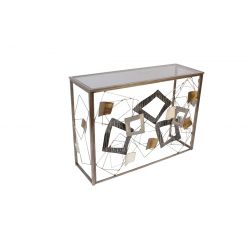 Console table with abstract decor in metal and tempered glass.