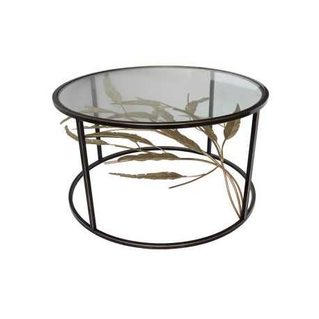 Black and gold round metal coffee table with foliage decor
