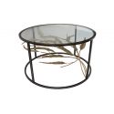 Black and gold round metal coffee table with foliage decor