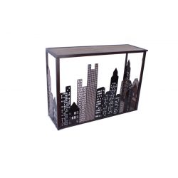 Metal console with cut-out buildings decor
