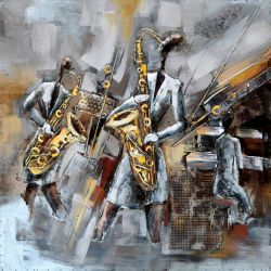 Square painting Jazz orchestra, sax, metal piano.